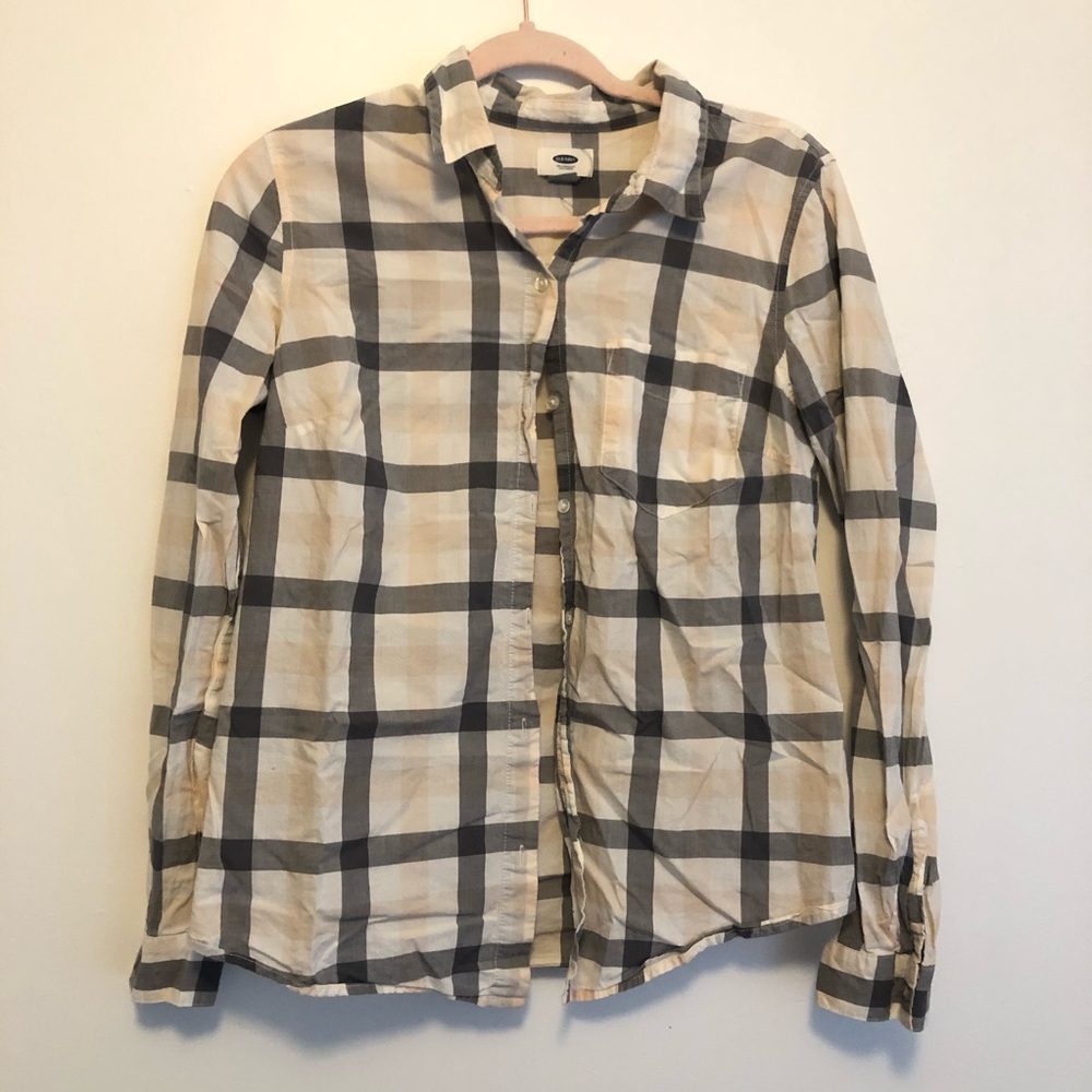 White, grey, and pink plaid shirt